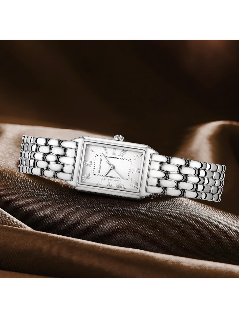 Women's White Silver Vintage Rectangular Roman Dial Stainless Steel Band Watch - Picture 5 of 6